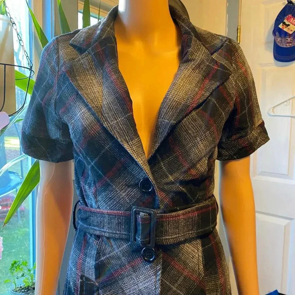 Poetry Wool Blend Plaid Midi Jacket Dress S Pocket Belt Short sleeve 3 Button - Picture 5 of 6